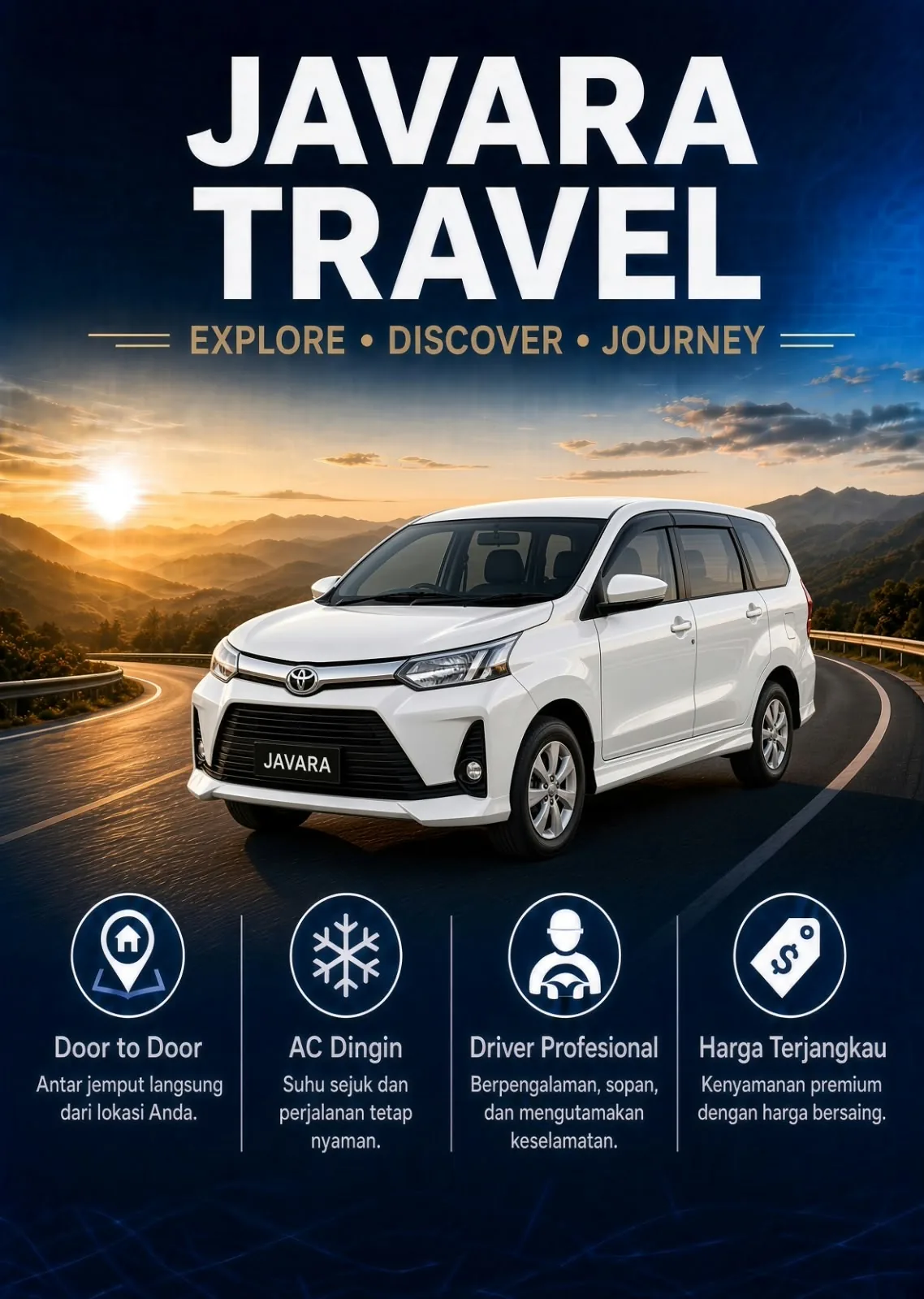 Poster armada JAVARA TRAVEL dengan mobil Avanza di jalan pegunungan